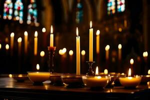 candles are lit in a church with candles. AI-Generated photo