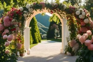 un arco con rosado y blanco flores generado por ai foto