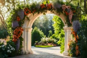 an archway with flowers and greenery. AI-Generated photo