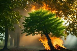 a tree is burning in the forest. AI-Generated photo