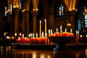 candles are lit in a church with stained glass windows. AI-Generated photo