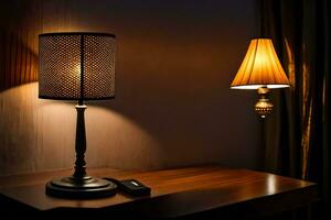 a lamp on a table in a dark room. AI-Generated photo