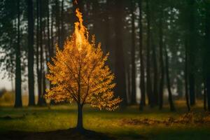 a tree with flames coming out of it in the middle of a forest. AI-Generated photo