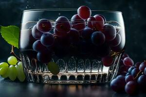 uvas en un vaso de agua en un oscuro antecedentes. generado por ai foto