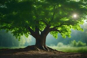 un árbol es mostrado en el medio de un campo. generado por ai foto