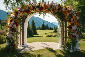 a wedding arch decorated with flowers in the mountains. AI-Generated photo
