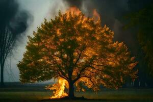 un ardiente árbol en el medio de un campo. generado por ai foto