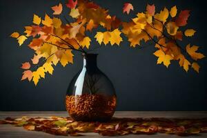 a vase filled with autumn leaves and a branch. AI-Generated photo