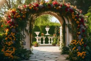 a wedding arch decorated with flowers and greenery. AI-Generated photo