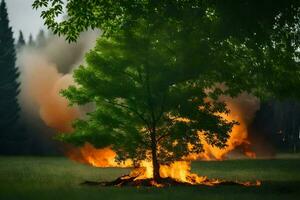 a tree is burning in the middle of a field. AI-Generated photo