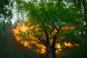 a tree with flames coming out of it in the forest. AI-Generated photo