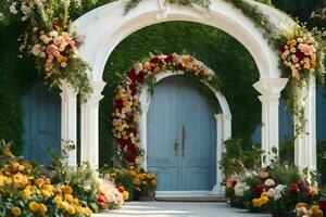 un hermosa arco con flores y verdor. generado por ai foto