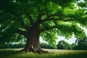 un grande árbol en un campo con césped. generado por ai foto