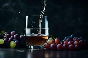 wine pouring into a glass with grapes. AI-Generated photo