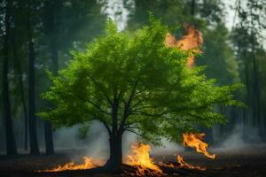 a tree is burning in the forest. AI-Generated photo