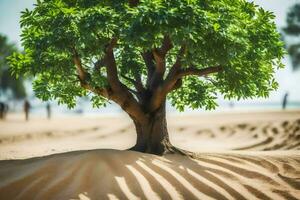 a tree on the beach with sand in the background. AI-Generated photo