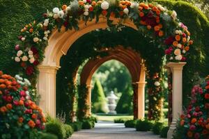 un arco con flores y verdor en el jardín. generado por ai foto