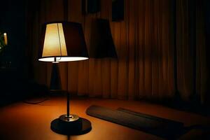 a lamp is lit in the dark room. AI-Generated photo