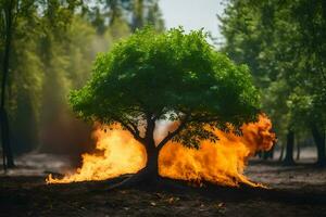 a tree is burning in the middle of a field. AI-Generated photo