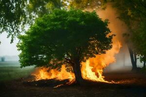 a tree is burning in the middle of a field. AI-Generated photo