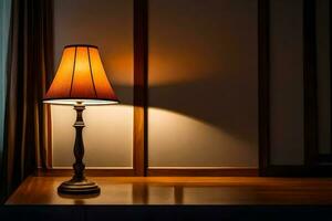 a lamp on a table in front of a window. AI-Generated photo