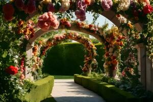 a walkway with flowers and archway. AI-Generated photo