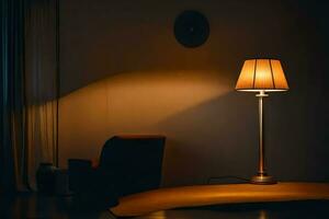 a lamp is sitting on a table in a dark room. AI-Generated photo