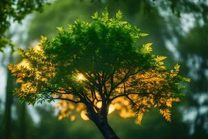 un árbol con verde hojas en el medio de un bosque. generado por ai foto