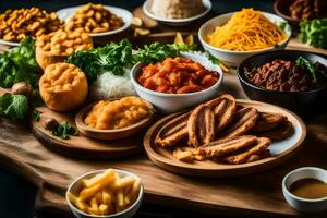 a wooden board with various types of food. AI-Generated photo