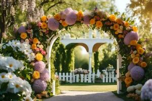 an archway with flowers and a white picket fence. AI-Generated photo
