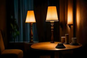 a table with a lamp and a chair in the dark. AI-Generated photo