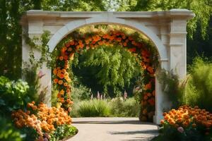 an archway with orange flowers and green plants. AI-Generated photo
