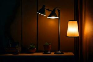 a lamp on a table next to a plant. AI-Generated photo