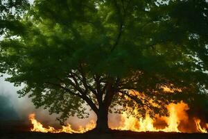 a tree is burning in the middle of a field. AI-Generated photo