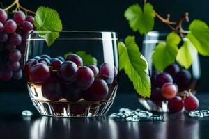 grapes in a glass with ice and leaves. AI-Generated photo