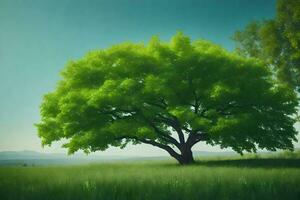 un grande árbol en un campo con un azul cielo. generado por ai foto