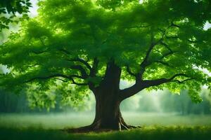 a large tree in the middle of a green field. AI-Generated photo