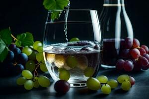 un vaso de vino con uvas y un botella. generado por ai foto