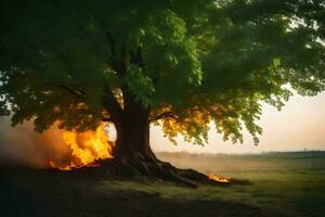 a tree is burning in the field. AI-Generated photo