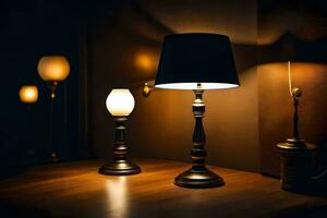 dos lamparas en un mesa en el oscuro. generado por ai foto