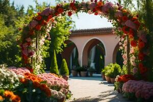 a flower archway is decorated with pink and orange flowers. AI-Generated photo