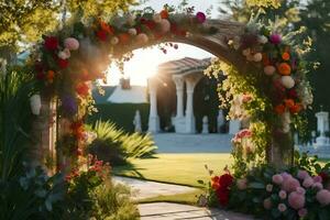 a beautiful archway decorated with flowers and greenery. AI-Generated photo