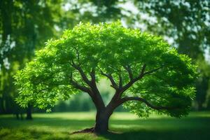 un árbol en el medio de un verde campo. generado por ai foto