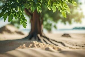 a tree is growing out of the sand in the middle of the beach. AI-Generated photo