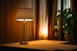 a lamp on a table in a dark room. AI-Generated photo