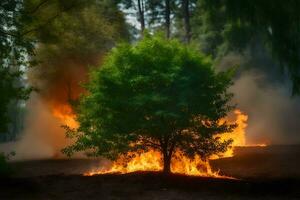 a tree is burning in the middle of a field. AI-Generated photo