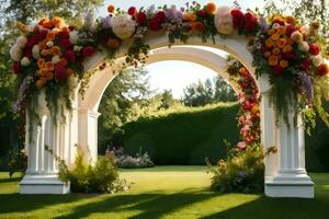 an archway with flowers and greenery. AI-Generated photo