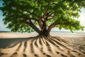 a tree on the beach with footprints in the sand. AI-Generated photo