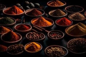 various spices and herbs in bowls on a black background. AI-Generated photo
