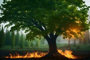 a tree with flames coming out of it. AI-Generated photo